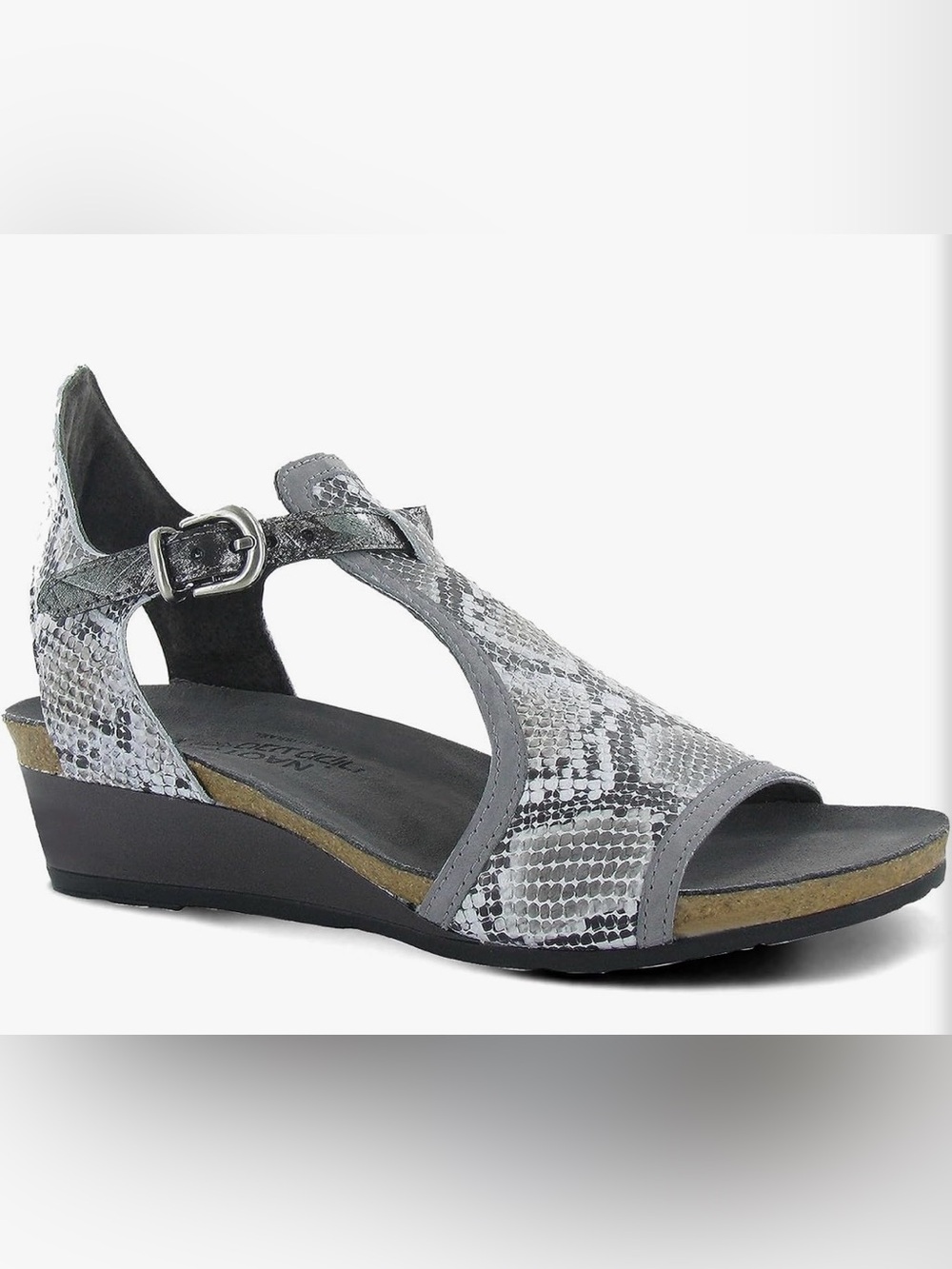 Naot women's Fiona wedge sandal size 36 5.5/6 Gray Cobra Lthr/Smoke Gray Nbk/Met